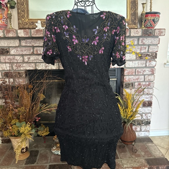 Dresses & Skirts - Vtg 80s Women’s Beaded Embroidered Floral Evening Dress Sz 8